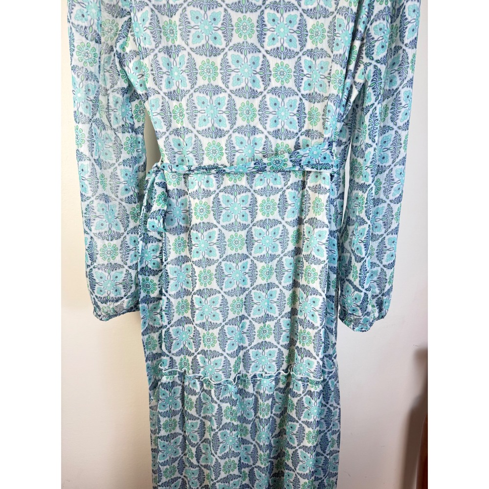 Lovestitch Teal Blue Geometric Floral Print Wrap Maxi Dress Long Sleeve L Sheer - Picture 16 of 16